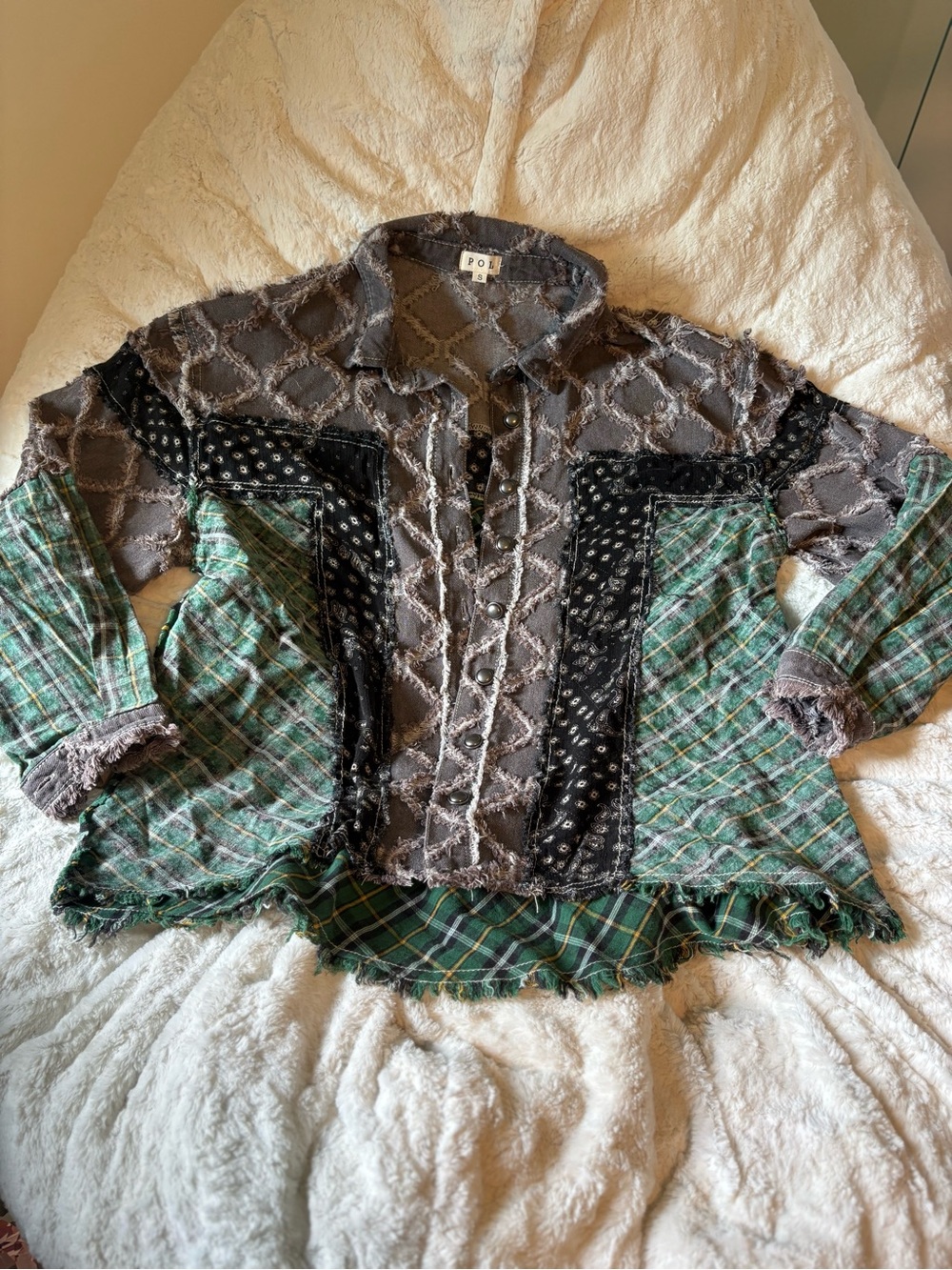 Three Bird Nest- POL Green Plaid & Gray Patchwork Button-Up Jacket